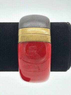 Vintage Red & Brown Hinged Bangle Bracelet With Brass Accents - 2.5" Diameter